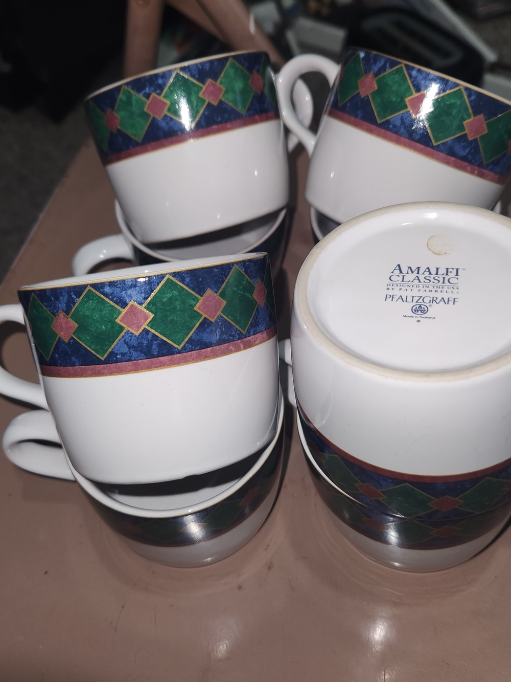 Pfaltzgraff Amalfi Mugs with Green, Blue & Pink Geometric Band